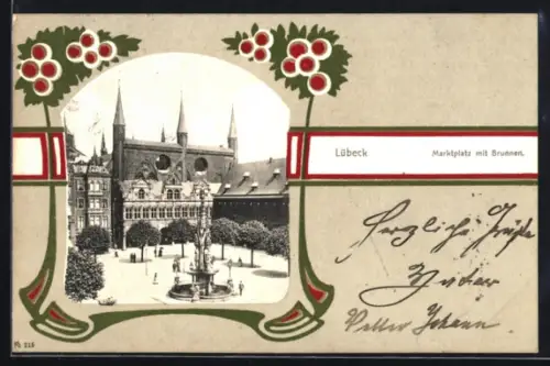 AK Lübeck, Partie am Marktplatz mit Brunnen, Passepartout im Jugendstil