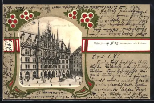 AK München, Partie am Marienplatz mit Rathaus, Passepartout im Jugendstil