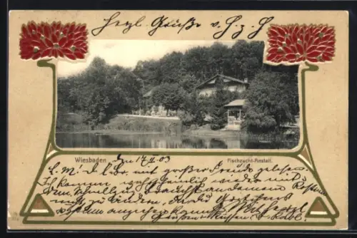 AK Wiesbaden, Partie bei der Fischzucht-Anstalt, Passepartout im Jugendstil