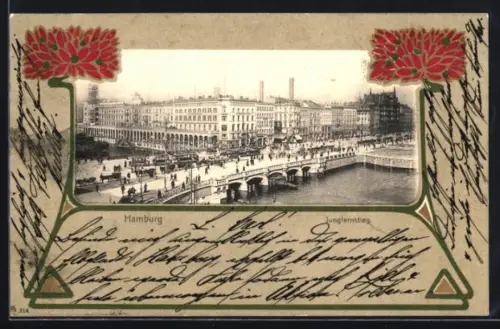 AK Hamburg, Vogelschau auf den Jungfernstieg, Passepartout im Jugendstil