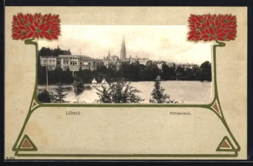 AK Lübeck, Partie am Mühlenteich mit Teilansicht des Ortes, Passepartout im Jugendstil