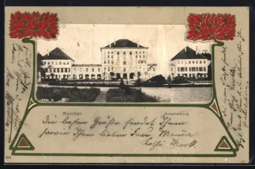 AK München, Partie vor der Nymphenburg mit Springbrunnen, Passepartout im Jugendstil