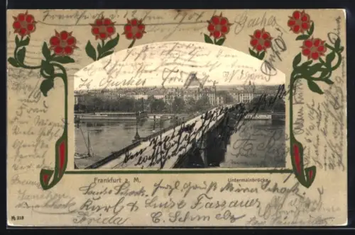 AK Frankfurt a. M., Vogelschau auf die Untermainbrücke, Passepartout im Jugendstil