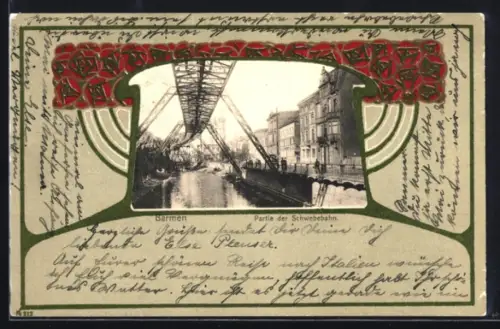 AK Barmen, Partie der Schwebebahn, Passepartout im Jugendstil