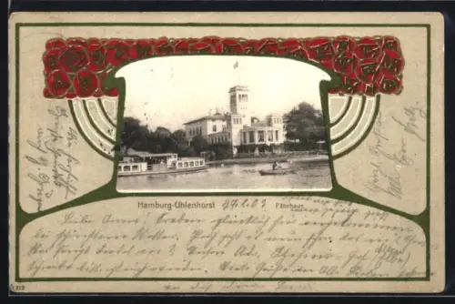 AK Hamburg-Uhlenhorst, Partie am Fährhaus vom Wasser aus gesehen, Passepartout im Jugendstil
