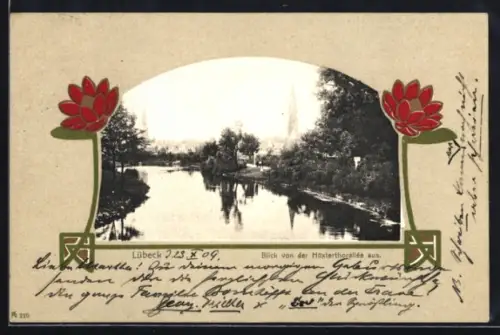 AK Lübeck, Blick von der Hüxterthorallée, Passepartout im Jugendstil
