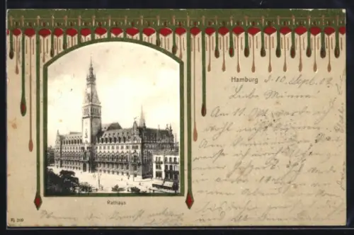 AK Hamburg, Vogelschau auf Strasse vor dem Rathaus, Passepartout im Jugendstil