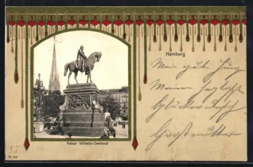 Passepartout-AK Hamburg, Kaiser Wilhelm-Denkmal und Kirche