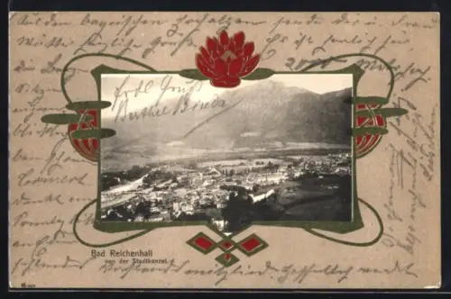 AK Bad Reichenhall, Totalansicht von der Stadtkanzel aus gesehen, Passepartout im Jugendstil