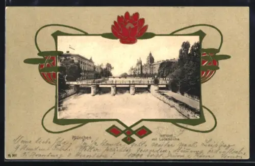 AK München, Isarquai mit Lucaskirche, Passepartout im Jugendstil