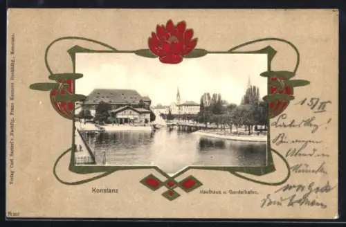 AK Konstanz, Kaufhaus und Gondelhafen vom Wasser aus gesehen, Passepartout im Jugendstil
