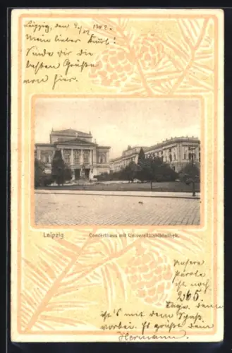 AK Leipzig, Konzerthaus mit Universitätsbibliothek im Passepartoutrahmen