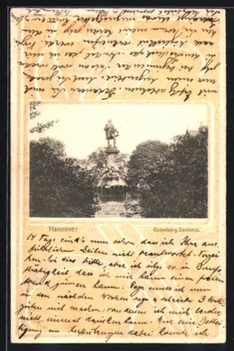 AK Hannover, Gutenberg-Denkmal mit umgebenden Grünanlagen, Passepartout im Jugendstil