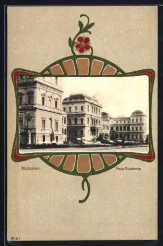 AK München, Partie bei der Neuen Akademie, Passepartout im Jugendstil
