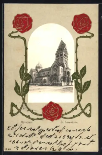 AK München, Aussenansicht der St. Anna-Kirche, Passepartout im Jugendstil