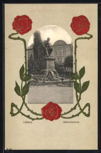 AK Lübeck, Partie vor dem Geibel-Denkmal, Passepartout im Jugendstil