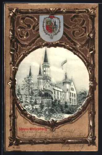 Grusskarten-AK Schloss Wellenburg mit Bilderrahmen-Passepartout und Wappen