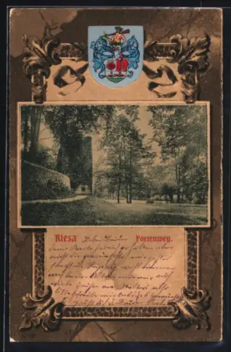 Grusskarten-AK Riesa, Partie im Poetenweg mit Turmruine