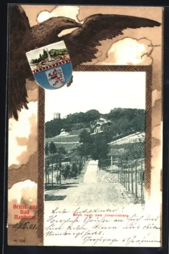 Grusskarten-AK Bad Nauheim, Ortspartie mit Blick zum Johannisberg, Wappen und Adler im Passepartout