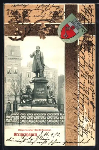 Grusskarten-AK Bremerhaven, Partie vor dem Bürgermeister Smidt-Denkmal, Wappen im Passepartout