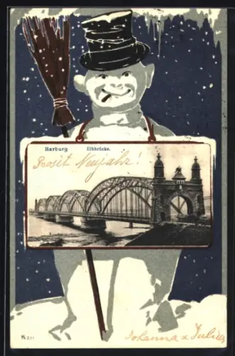 Grusskarten-AK Harburg, Blick auf die Elbbrücke mit Schneemann im Passepartout