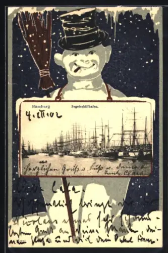 Grusskarten-AK Hamburg, Partie am Segelschiffhafen mit Schneemann im Passepartout