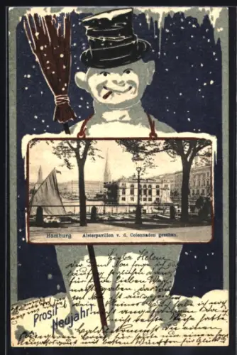 Grusskarten-AK Hamburg, Alsterpavillon von den Colonnaden aus gesehen, Schneemann im Passepartout, Neujahrsgruss