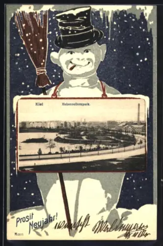 AK Kiel, Panoramaansicht des Hohenzollernparks, Passepartout mit einem Schneemann, Neujahrskarte