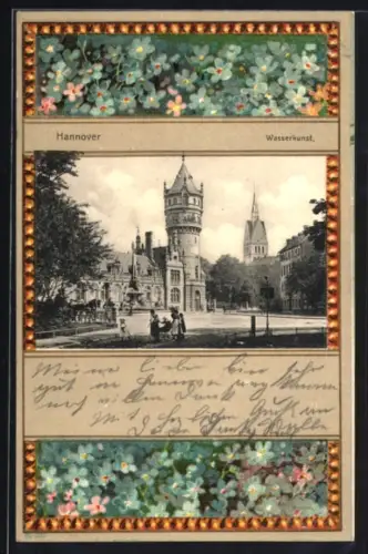 Grusskarten-AK Hannover, Ortspartie mit Rathaus, Vergissmeinnicht im Passepartout