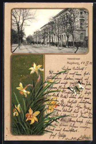 Grusskarten-AK Augsburg, Häuser in der Kaiserstrasse mit Blumen und Schmetterling im Passepartout