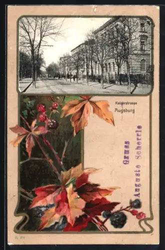 Grusskarten-AK Augsburg, Partie in der Kaiserstrasse mit Beerensträuchern im Passepartout
