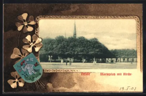 AK Heide, Marktplatz mit Kirche & Wappen