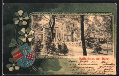 Grusskarten-AK Varel, Kaffeehaus mit Pavillon, Wappen und Klee im Passepartout