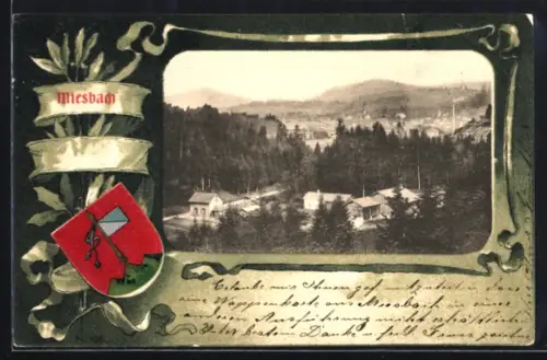 Passepartout-AK Miesbach, Ortsansicht mit Berglandschaft
