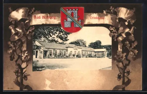 Grusskarten-AK Bad Driburg, Strasse vor der Trinkhalle, Wappen und Eichenblätter im Passepartout