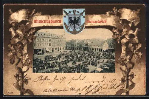 Passepartout-Lithographie Wilhelmshaven, Martkszene auf dem Bismarckplatz, Wappen