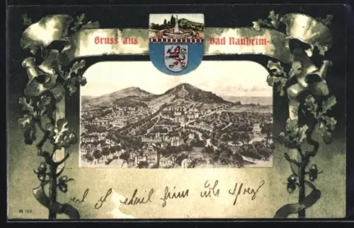Grusskarten-AK Bad Nauheim, Totalansicht des Ortes und Wappen im Passepartout