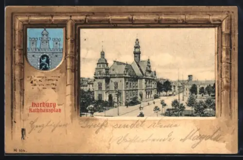 AK Hamburg-Harburg, Rathausplatz mit Rathaus, Wappen