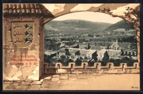 Passepartout-Lithographie Geislingen, Württembergische Metallwarenfabrik aus der Vogelschau, Wappen