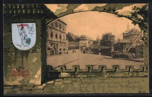 Grusskarten-AK Bamberg, Ortspartie am Krahnen, Wappen im Passepartout