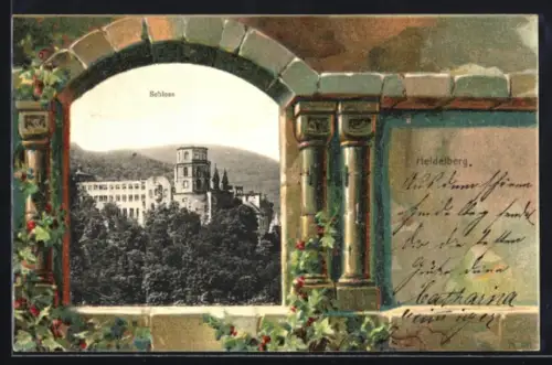 Grusskarten-AK Heidelberg, Schloss mit Umgebung, Rosen im Passepartout