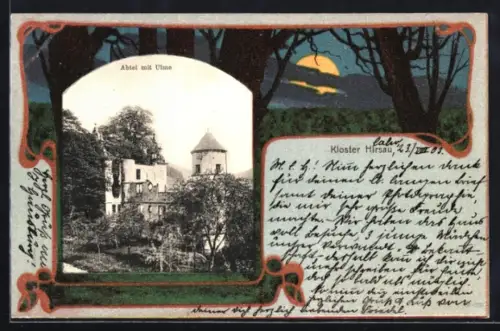 Passepartout-Lithographie Hirsau, Abtei mit Ulme, Umgebung bei Vollmond