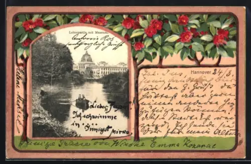 Grusskarten-AK Hannover, Leinepartie mit Museum und roten Blumen im Passepartout