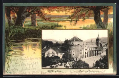 Passepartout-Lithographie Goslar / Harz, Hotel zum Achtermann, Auenlandschaft im Abendlicht
