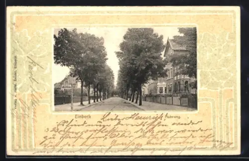 AK Einbeck, Hubeweg im Jugendstil-Passepartout mit Bäumen