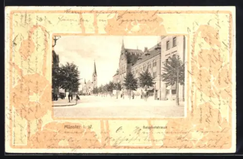 AK Münster i. W., Bahnhofstrasse mit Blick zur Kirche im Jugendstil-Passepartout