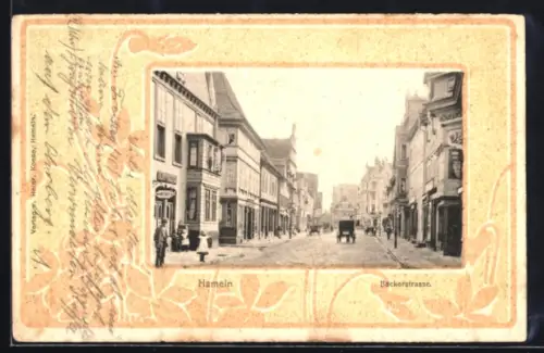 AK Hameln, Bäckerstrasse im Jugendstil-Passepartout