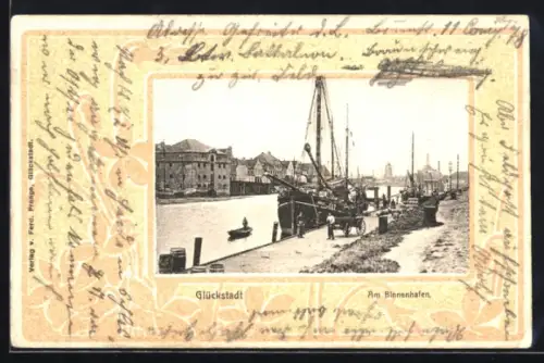 AK Glückstadt, Am Binnenhafen im Jugendstil-Passepartout