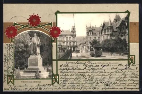 AK Barmen, Elektrische Bergbahn, Rittershaus-Denkmal im Jugendstil-Passepartout