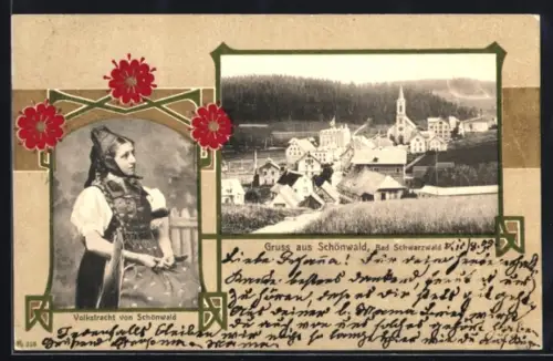 AK Schönwald /Bad. Schwarzwald, Ortsansicht mit Kirche, Dame in Tracht im Jugendstil-Passepartout